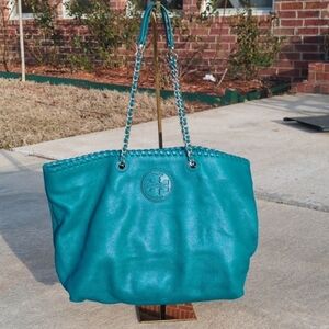 Tory Burch EUC Teal Blue Turquoise Marion Tote Slouchy Chain Handles Dustbag